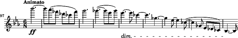 
\relative c''' \new Staff {
  \key es \major \clef "treble"
  \set Staff.midiInstrument = "violin"
  \set Score.tempoHideNote = ##t \tempo "Animato" 4 = 96
  \set Score.currentBarNumber = #97 \bar ""
  \time 6/8
  bes'2.\ff ~ | bes8 as( fes des ces fes) | g2. | ges4.( ~ ges8 es ges) | es4.\dim ~ es8 ces4 ~ | ces4. ges4. ~ | ges4 es8 ~ es4 ces8( ~ | ces4 ges8 es des ces) | bes4.\! ~ bes8
}
