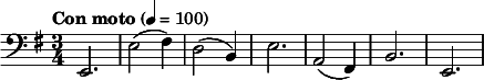 
  \relative c { \clef bass \key e \minor \time 3/4 \tempo "Con moto" 4 = 100 e,2. e'2( fis4) d2( b4) e2. a,2( fis4) b2. e, }
