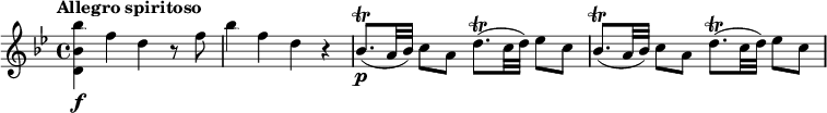 
\relative c''' {
  \override Score.NonMusicalPaperColumn #'line-break-permission = ##f
  \tempo "Allegro spiritoso"
  \key bes \major
  <bes bes, d,>4\f f d r8 f |
  bes4 f d r |
  bes8.\trill\p( a32 bes) c8 a d8.\trill( c32 d) es8 c |
  bes8.\trill( a32 bes) c8 a d8.\trill( c32 d) es8 c |
}
