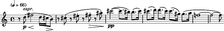  \new Staff \relative c'' {
  \clef treble \time 4/4 \key c \major \tempo "" 4=66
  r8 d-\p^\markup{\italic"espr."}\<(fis2\! d16 cis\> b8\!)
  r8 cis-.( r8 eis-. r8 fis-.\> r8 ais-.) cis2-\pp~(cis8. bis16) bis8.(cis16) cis8.(d16) d8.(cis16) cis8.(gis16) gis8.(a16 f!1~f2~f8)
} 