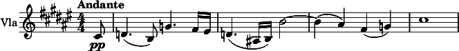  \relative c' { \set Staff.instrumentName = #"Vla" \clef treble \key fis \major \numericTimeSignature \time 4/4 \tempo "Andante" \partial 8*1 cis8\pp | d4.( b8) g'4. fis16 eis | d4.( ais!16 b) b'2~ | b4( ais) fis( g) | cis1 } 