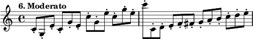 
%etude6
\relative c'
{  
\time 4/4 
\tempo "6. Moderato"
\key c \major
c8*2/3-. g-. e'-. c-. g'-. e-. c'-. g-. e'-. c-. g'-. e-. | c'-. c,,-. d-. e-. f-. fis-. g-. a -. b-. c -. d-. e-.
}

