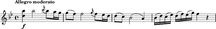 
\relative c''' {
  \key bes \major
  \tempo "Allegro moderato"
  <bes d,>4\f bes2 \grace c16( bes8) a16 g | g8( f) f2 \grace g16( f8) es16 d | d8( c) bes2( a4) | bes16(d) c(es) d(f) es(g) f4 r
}
