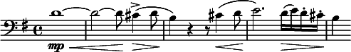  \relative c' { \clef bass \time 4/4 \key g \major d1~\mp\< | d2~ d8\! cis4->(\> d8 | b4)\! r r8 cis4(\< d8 | e2.)\! d16(\> e) d-. cis-.\! | b4 } 