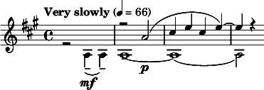  \relative c'' { \clef treble \key a \major \time 4/4 \tempo "Very slowly" 4 = 66 << { s1 | r2 a\p( | cis4 e cis e)~ | e r } \\ { r2 a,,4\mf--( a--) | a1--~ | a1( | a2) } >> } 