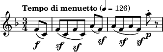 
\new Score {
  \new Staff {
    \relative c' {
      \time 3/4
      \key f \major
      \clef treble
      \tempo "Tempo di menuetto" 4 = 126
      \partial 4 f8_\markup {
  \dynamic f \italic \hspace #0.1
} (c)
      f8[_\markup {
  \dynamic sf \italic \hspace #0.1
} (c f_\markup {
  \dynamic sf \italic \hspace #0.1
}  c]) a'(f_\markup {
  \dynamic sf \italic \hspace #0.1
} )
      a[( f_\markup { 
  \dynamic sf \italic \hspace #0.1 
} a f]_\markup {
  \dynamic sf \italic \hspace #0.1
} ) a'-._\markup {
  \dynamic p \italic \hspace #0.1
}  r8
    }
  }
}
