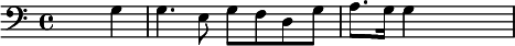 {\set Staff.midiInstrument = #"celesta" \clef bass \skip2. g4 g4. e8 g8 f8 d8 g8 a8. g16 g4 \skip2}