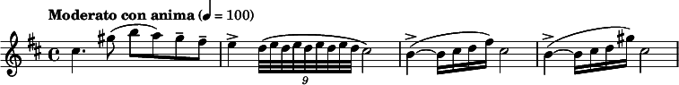 
  \relative c'' { \clef treble \time 4/4 \key b \minor \tempo "Moderato con anima" 4 = 100 cis4. gis'8( b a) gis-- fis-- | e4-> \times 8/9 {d32( e d e d e d e d } cis2) | b4->~( b16 cis d fis) cis2 | b4->~( b16 cis d gis) cis,2 }
