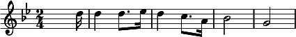 {\set Staff.midiInstrument = #"trombone" \key g \minor \time 2/4 \skip4 \skip8. d''16 d''4 d''8. es''16 d''4 c''8. a'16 bes'2 g'2}