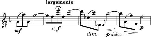 
\relative c' \new Staff \with { \remove "Time_signature_engraver" } {
 \key d \minor \time 4/4 \partial 2..
  a'8\mf ( a') a, g'2~ g8^\markup { \bold largamente } f\< e'\f \fermata f, d'2~
  d8 es,\dim ( c'\!) es,, \grace es bes''2~_\markup { \dynamic p \italic dolce } \< bes8\! a,\>( g') f,\! f'2 \p
 }
