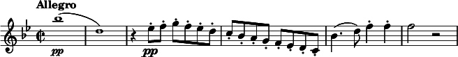 
\relative c''' {
  \tempo "Allegro"
  \key bes \major
  \time 2/2
  \tiny bes1\pp (| d,) | \normalsize r4 es8-.\pp f-. g-. f-. es-. d-. | c-. bes-. a-. g-. f-. es-. d-. c-. | bes'4. (d8) f4-. f-. | f2 r
}
