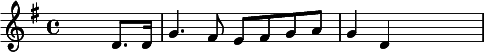 {\set Staff.midiInstrument = #"electric piano 1" \key g \major \skip2. d'8. d'16 g'4. fis'8 e'8 fis'8 g'8 a'8 g'4 d' \skip2}