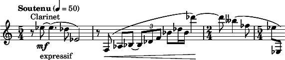 
  \relative c'' { \clef treble \time 5/4 \tempo "Soutenu" 4 = 50 r8^"Clarinet" ees~\mf_"expressif" ees4.( des8 ees,2) | r8 f,(\< aes bes~ \times 2/3 {bes des f} bes des16 bes des'4)~\! | \time 2/4 des8 beses4( fes8 | \time 5/4 ees ees,,) }
